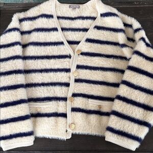 J. Crew Sweater Lady Jacket in Striped Brushed Yarn Nautical White and Navy (L)